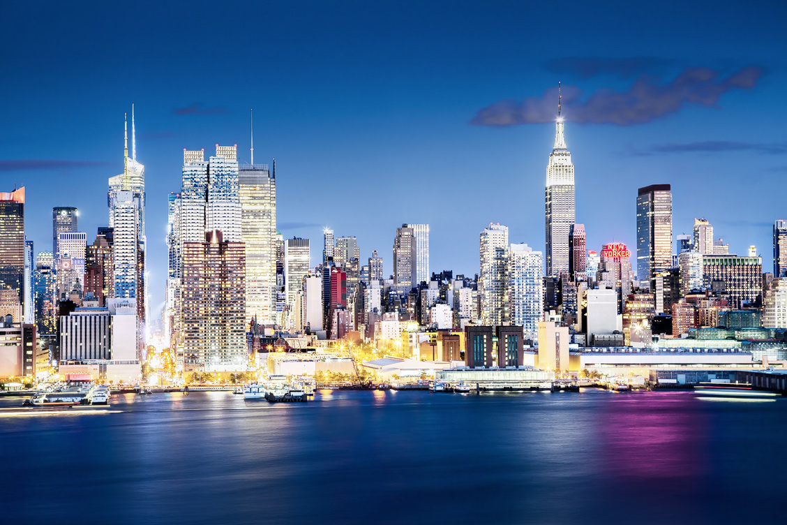 NYC skyline at night during the blue hour